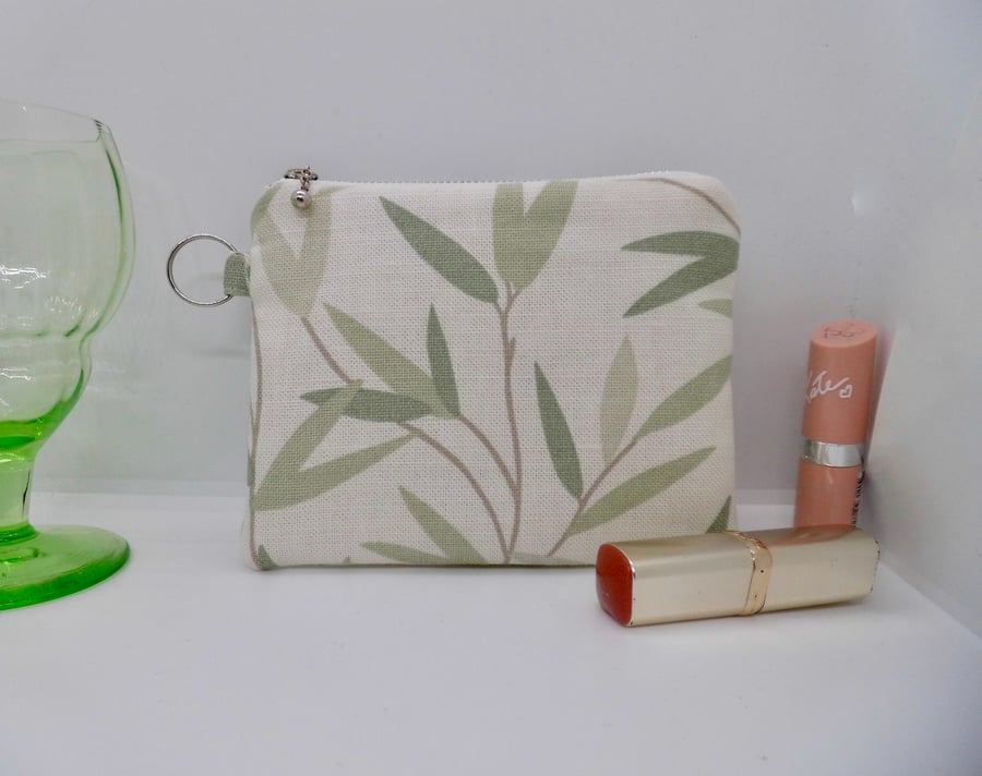 SOLD Make up bag purse in Laura Ashley green willow leaf fabric.