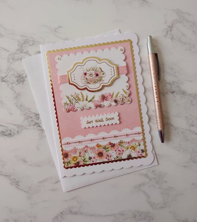 Get Well Soon Mouse Flowers Ribbon 3D Luxury Handmade Card