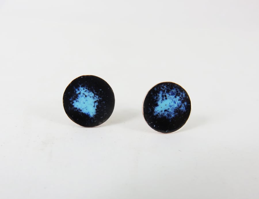Round black and blue two tone enamel copper disc stud earrings