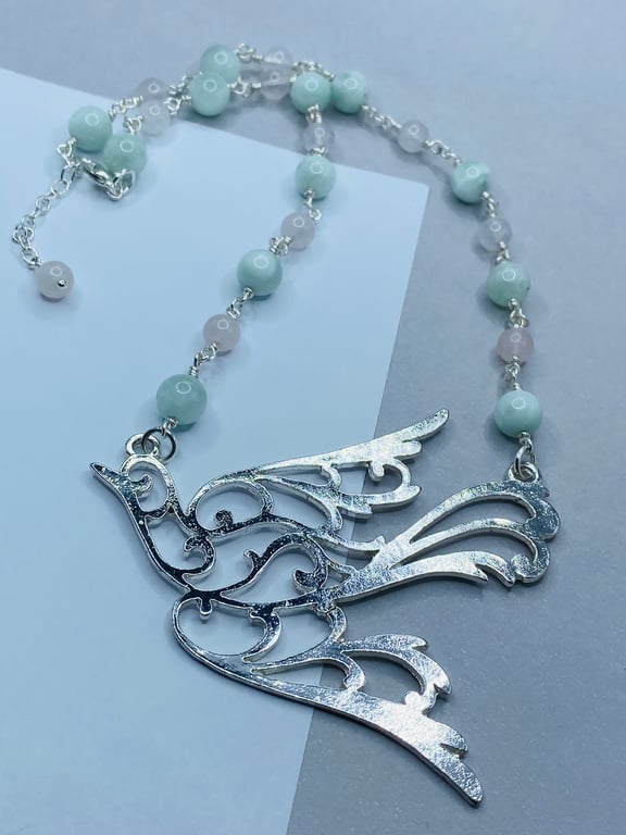 Upcycled bird in flight necklace with angelite and rose quartz