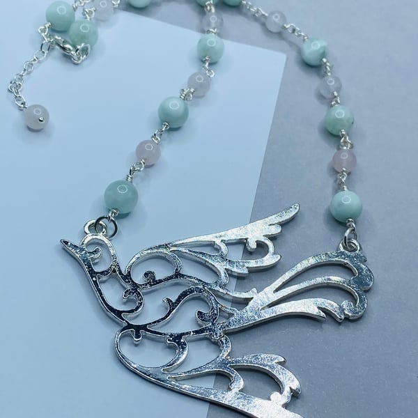 Upcycled bird in flight necklace with angelite and rose quartz