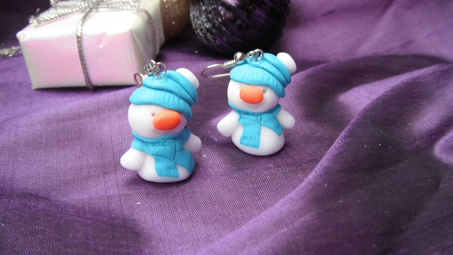 Christmas Novelty Fimo Earrings  SNOWMAN (BLUE)