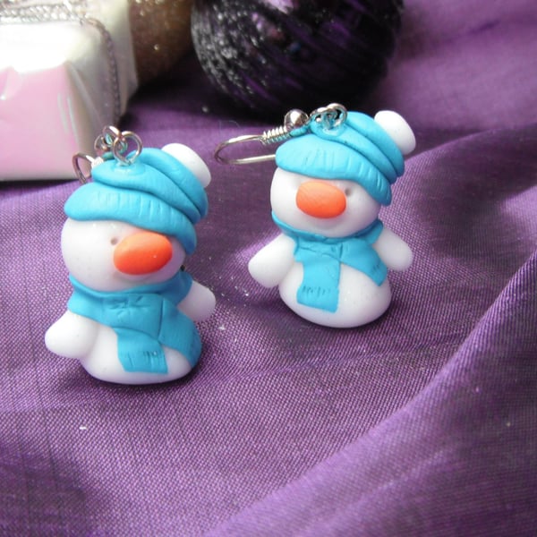 Christmas Novelty Fimo Earrings  SNOWMAN (BLUE)