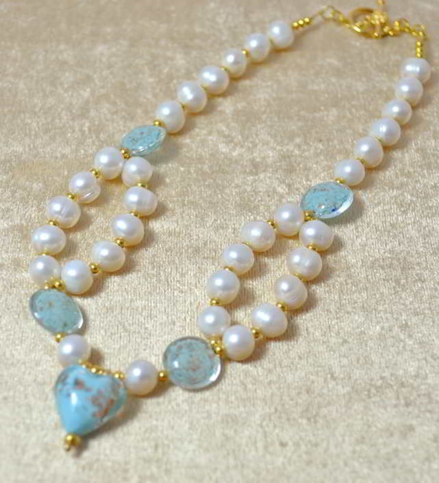 Ivory Pearl & Turquoise Murano Glass Heart Choker
