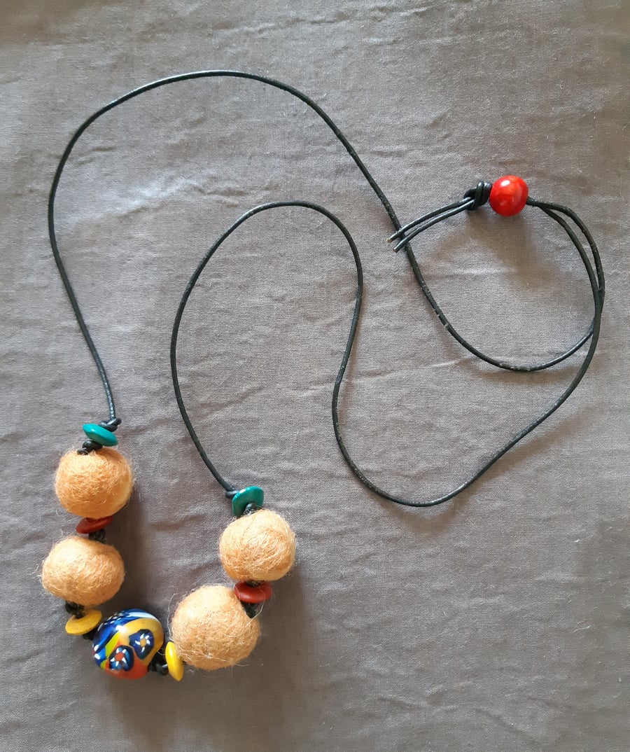 Felt ball and bead necklace