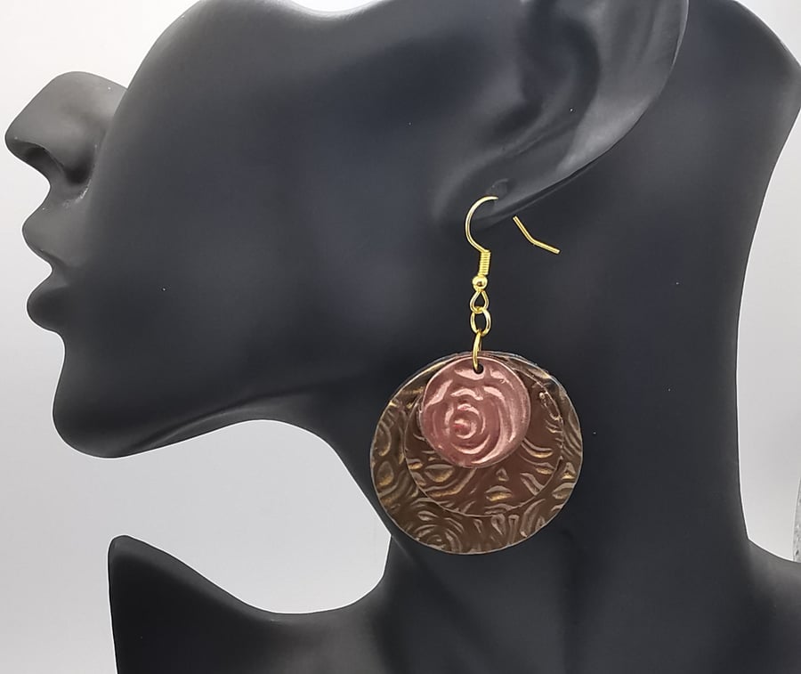 Round, layered, statement earrings with metallic finish.  Handmade, polymer clay