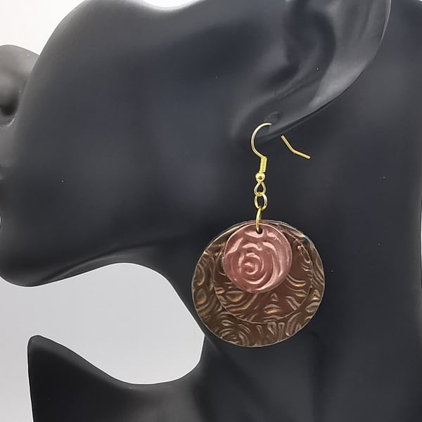 Round, layered, statement earrings with metallic finish.  Handmade, polymer clay