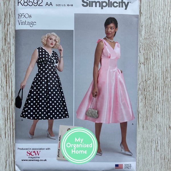 Simplicity 8592 sewing pattern, sizes 10-18, misses dresses, retro pattern