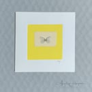 Square Blank Card - Fine Art - Yellow Lino Print - Pale Blue Butterfly