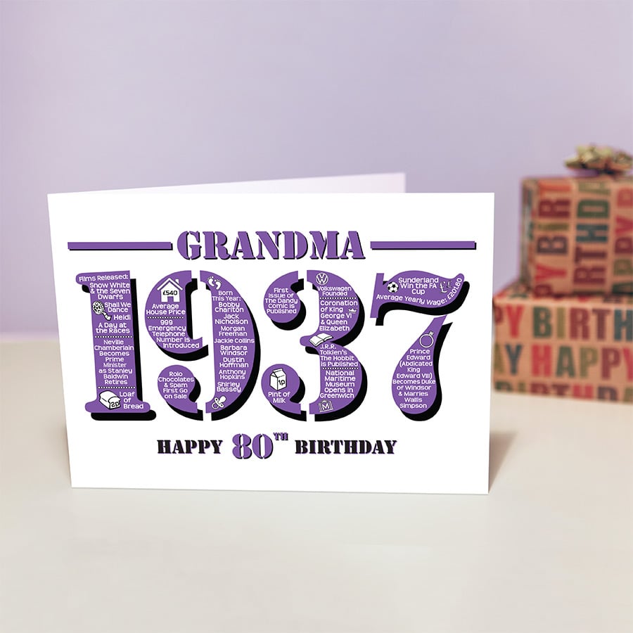 Happy 80th Birthday Grandma Year of Birth Greetings Card - Born in 1937 - Facts