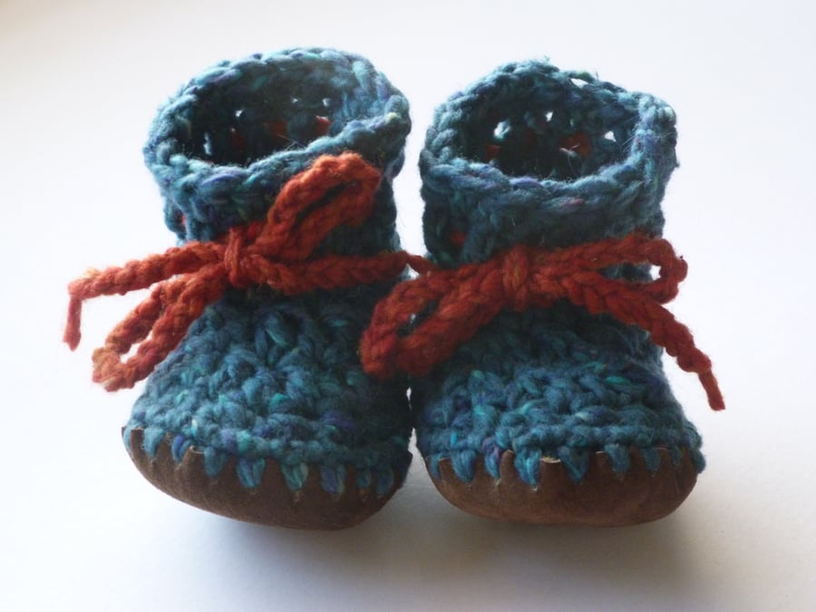 Wool, Angora & leather baby boots - Teal - 12-18 months RESERVED
