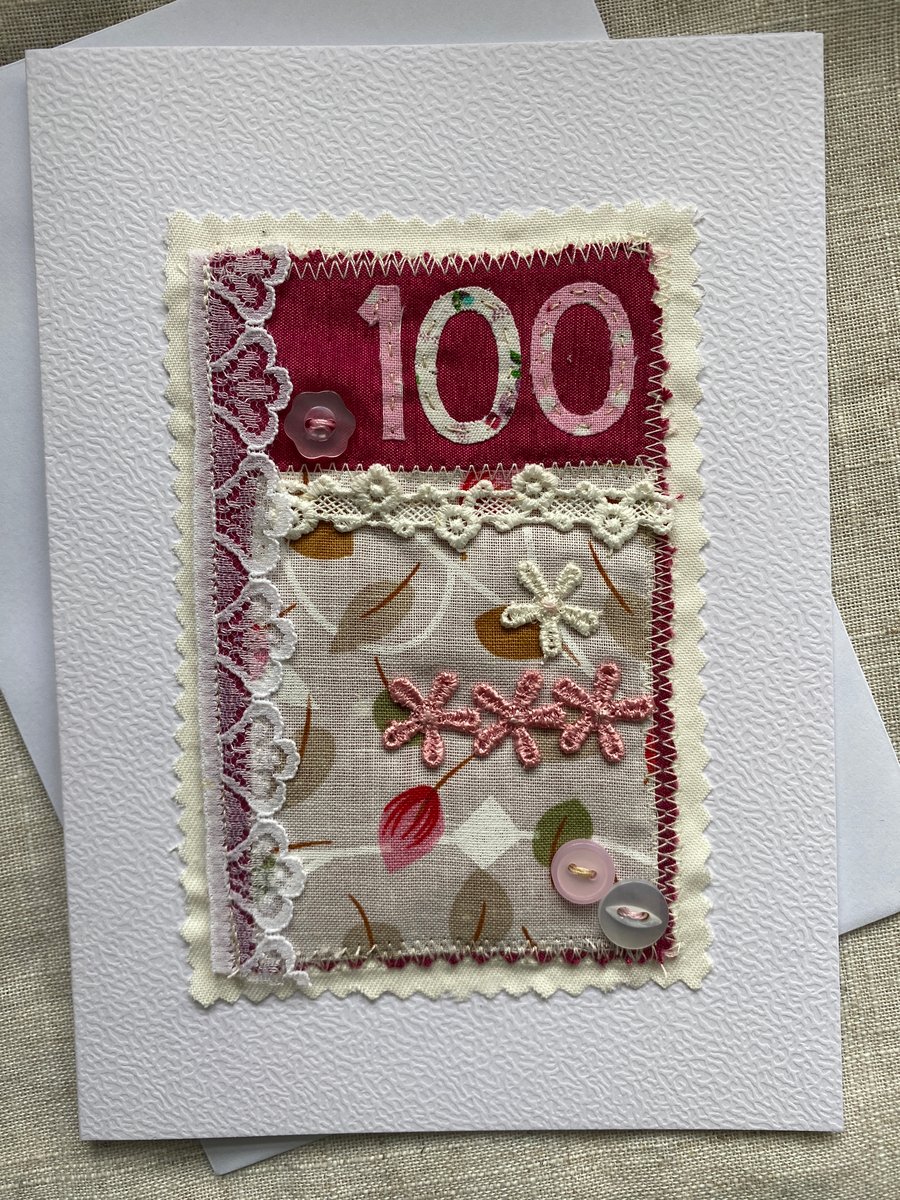 100 birthday card, vintage buttons and lace. Reserved for Elaine