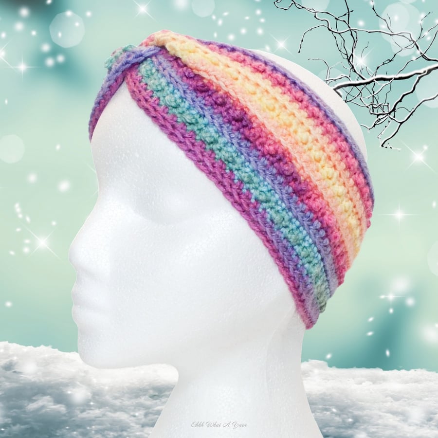 Crochet headband, ear warmer. Pastel rainbow twist ear warmer. Rainbow headband.