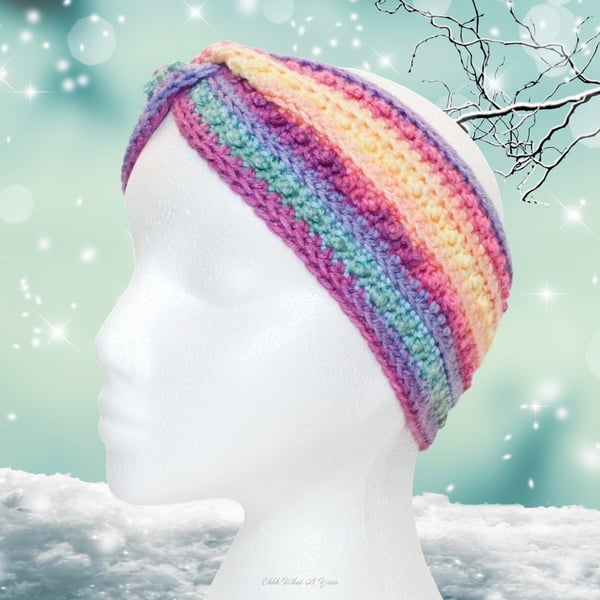 Crochet headband, ear warmer. Pastel rainbow twist ear warmer. Rainbow headband.