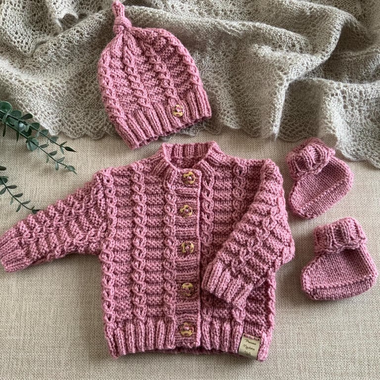 Hand Knitted Baby Girl Cardigan Set – Vintage Rose Pink 0–3 Months