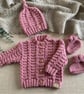 Hand Knitted Baby Girl Cardigan Set – Vintage Rose Pink 0–3 Months