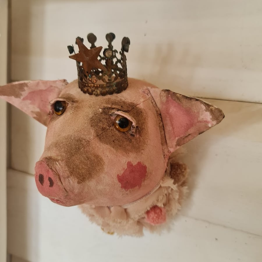 Piggy king mini faux taxidermy textile art soft sculpture