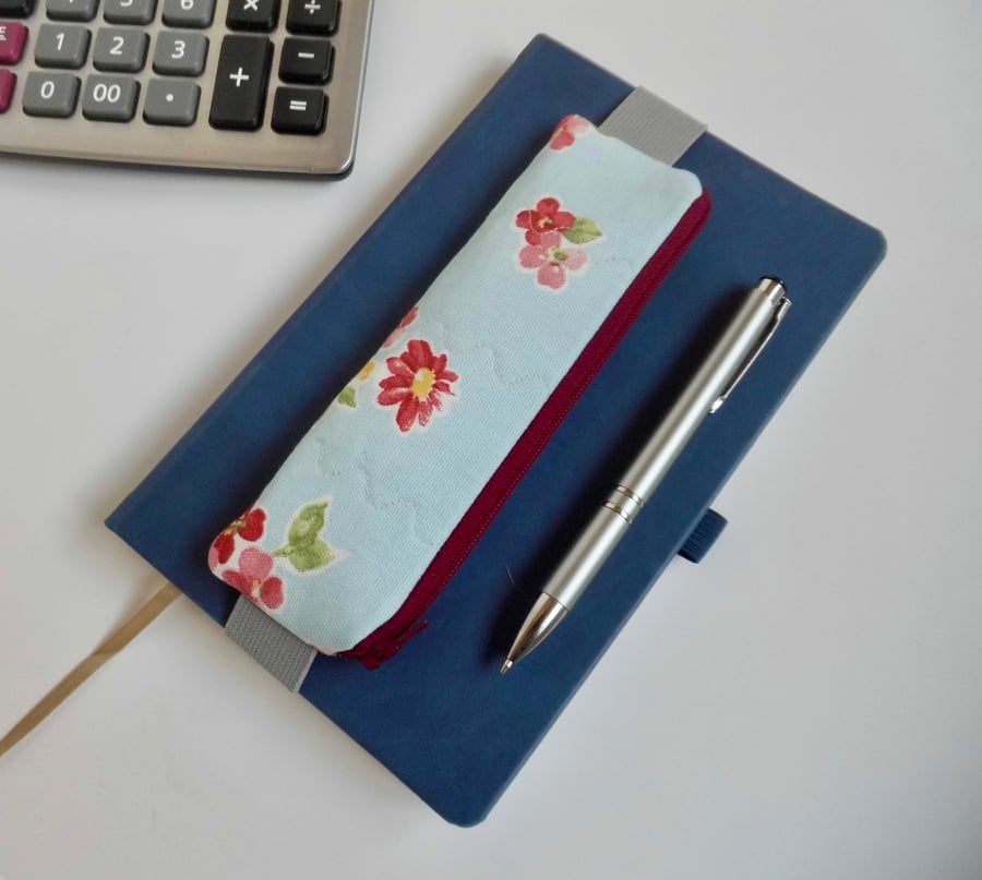 Elasticated pencil case for cover of notebook diary pink and blue floral