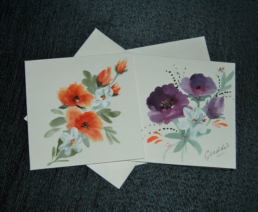 pack of two hand painted floral greetings cards ( ref F 156 )