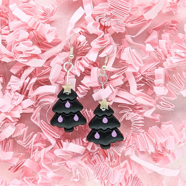 Black Goth Christmas Tree Earrings - Polymer Clay