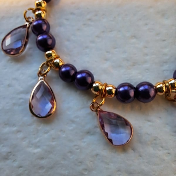 Faux Amethyst and Pearl Teardrop Bracelet 