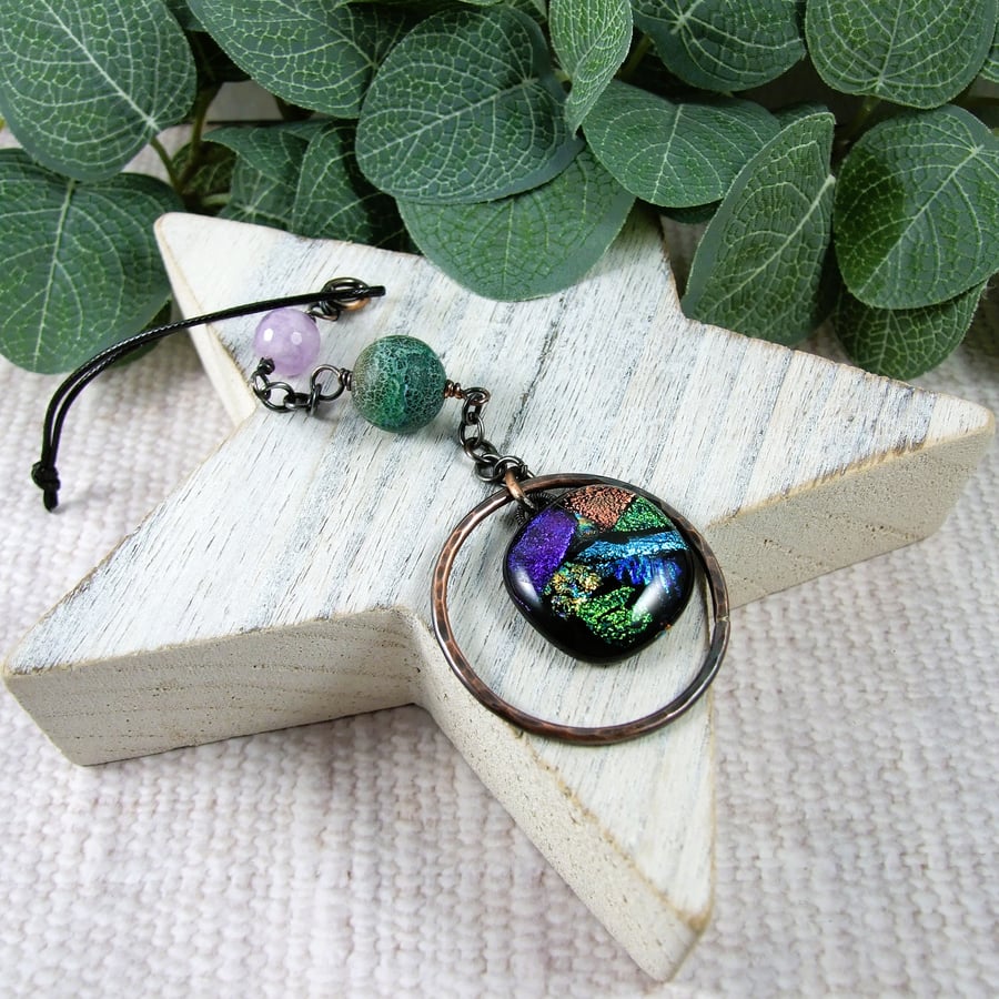 Hanging Decoration, Dichroic Glass and Copper Sun Catcher with Amethyst