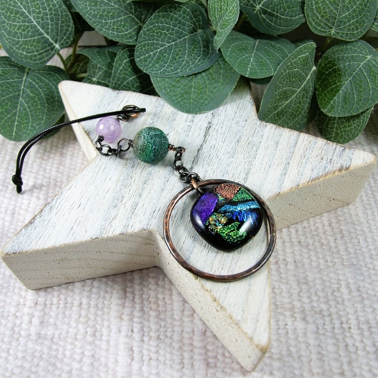 Hanging Decoration, Dichroic Glass and Copper Sun Catcher with Amethyst