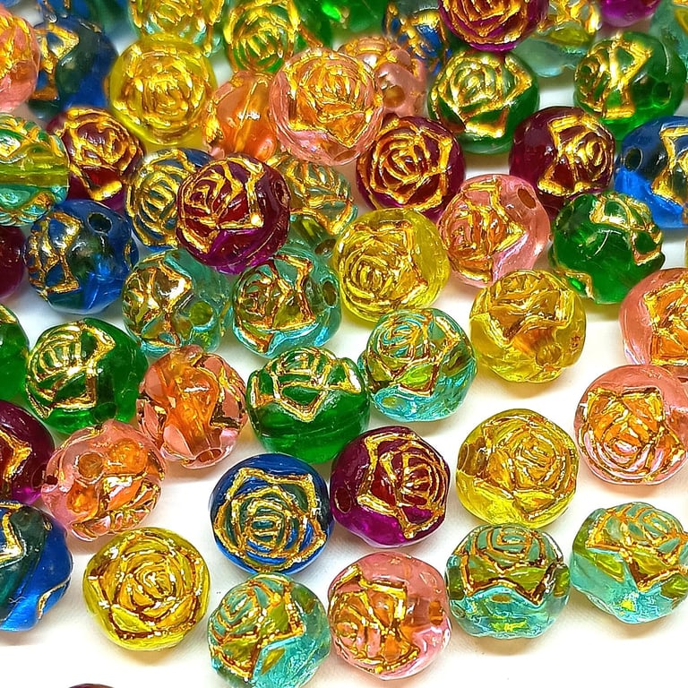 100pcs 8mm Round Rose Flower Acrylic Beads with Gold Detail for Jewellery Making
