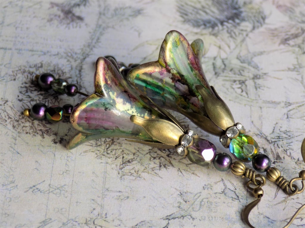 Purple Green Gold " MELANCHOLY THISTLE" Hand Painted Lucite Flower Earrings