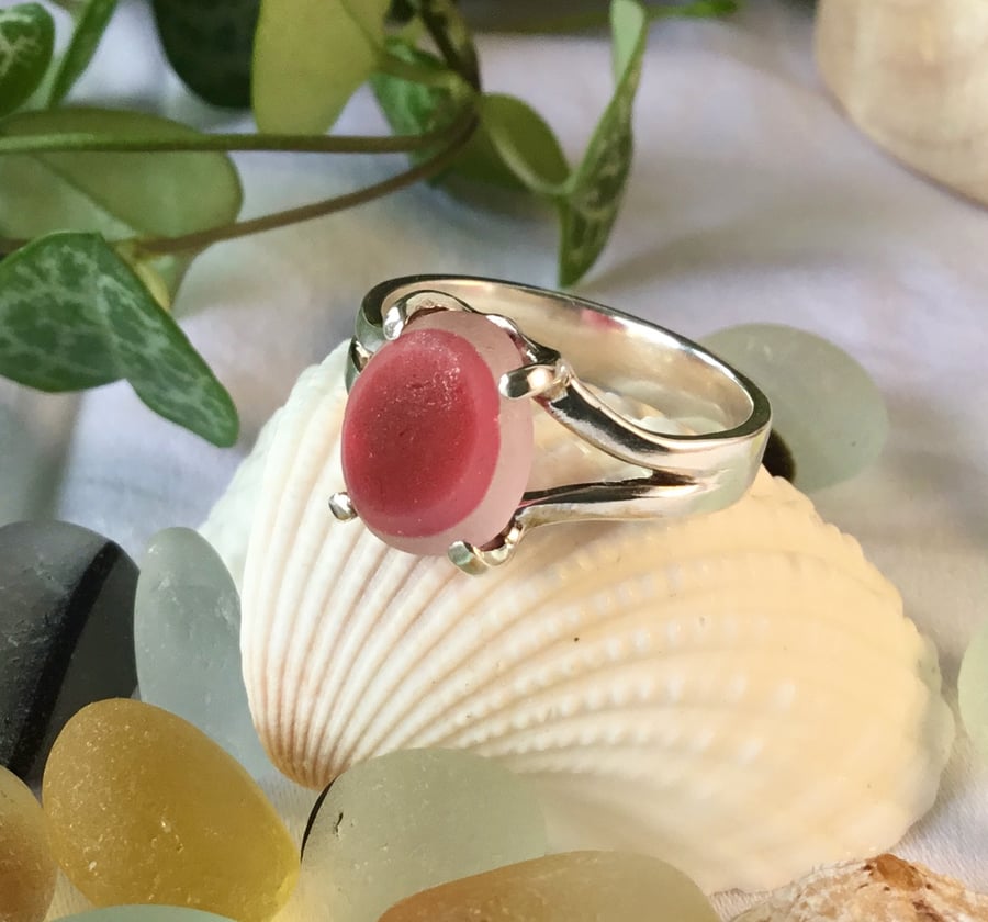 Handcrafted Sterling Silver Seaham Multi Sea Glass Ring – Rare Pinks & White. 