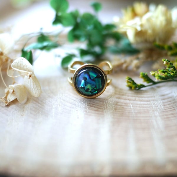 Black Resin and Abalone Shell adjustable Stainless Steel Gold Ring