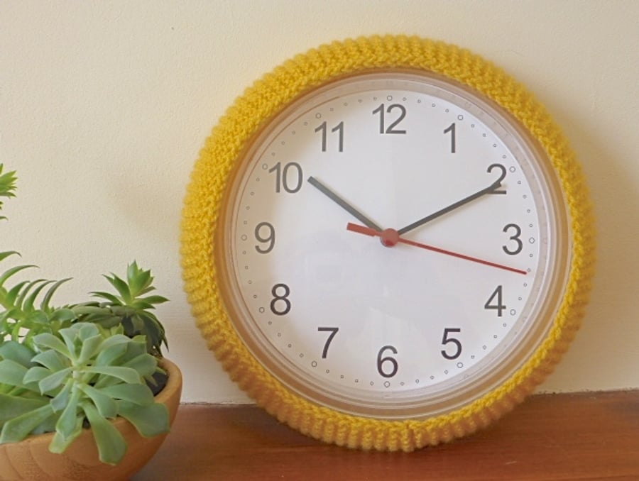 Wall clock cover, cosy for wall clock, yellow knitted clock cozy