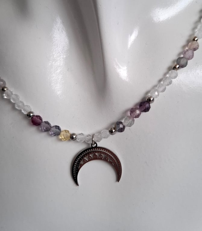 Luna Necklace - the "Stone of Genius" - Fluoride and Clear Quartz 