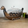 Pin cushion - vintage Wade Viking longboat bowl - reclaimed linen and embroidery