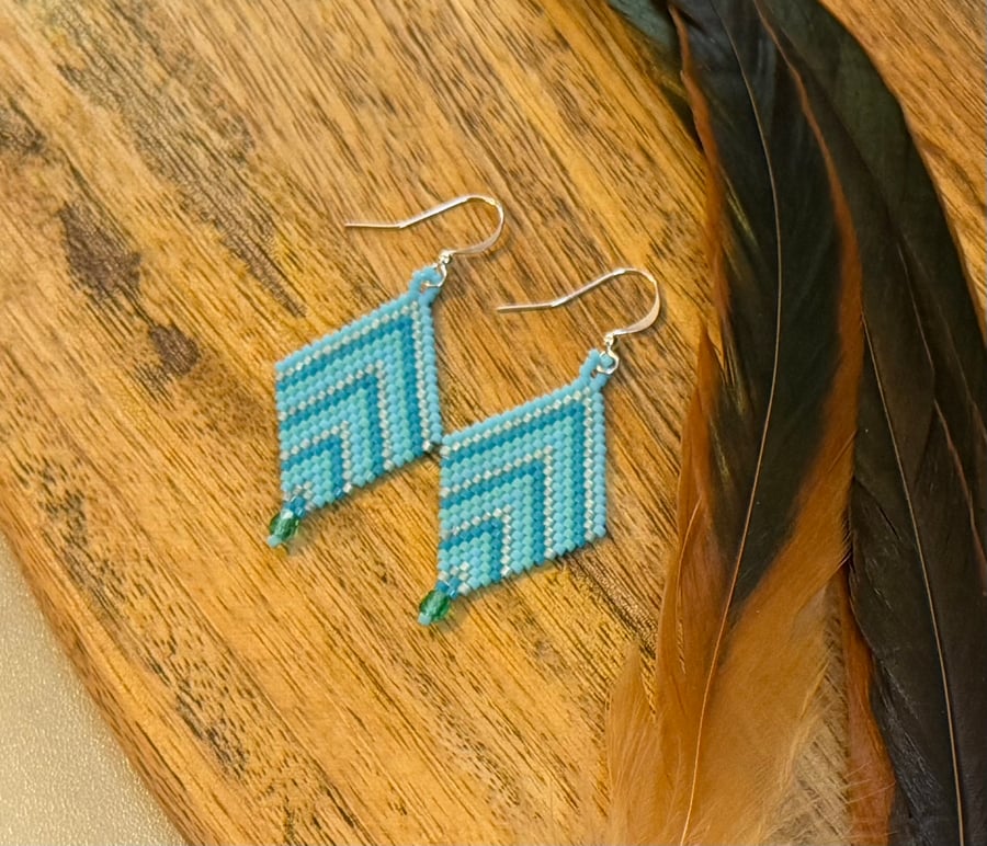 Blue chevron beadwoven earrings with a Czech glass drop