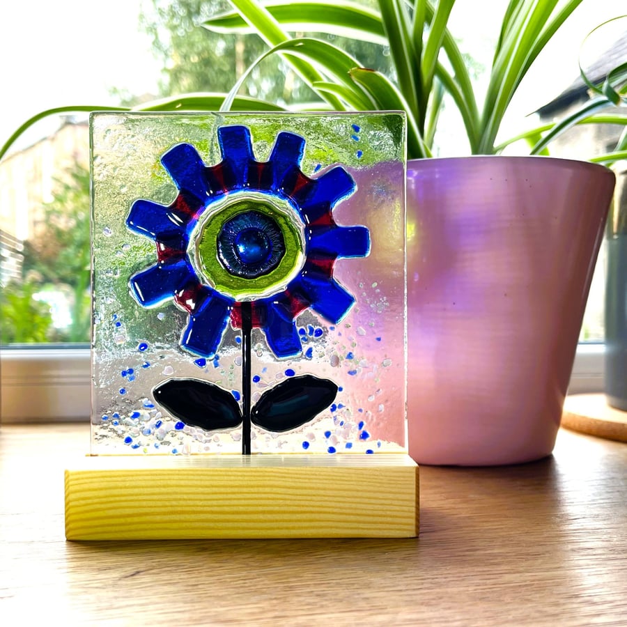 Red and Blue Glass Flower Suncatcher