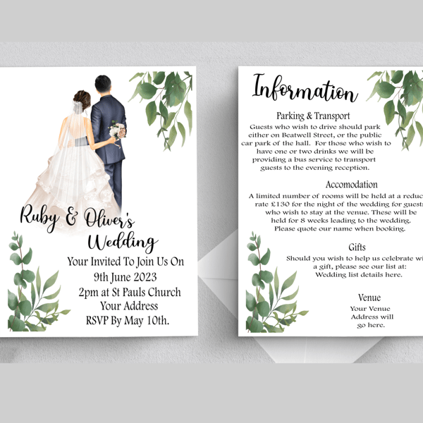 Bride & Groom Wedding Invitation, Personalised Wedding Stationery