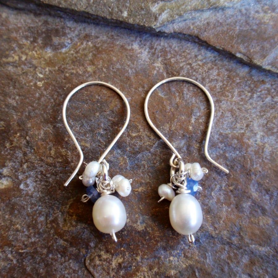 Something Blue - pearl bridal cluster earrings with a sapphire gemstones