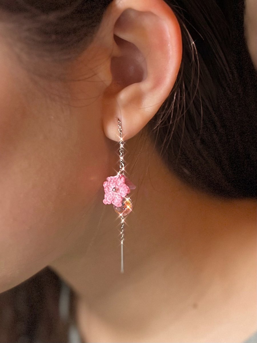 Microcrochet Pink Flowers Thread Earrings 