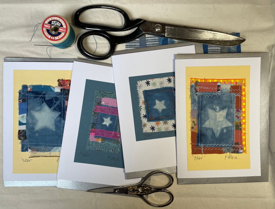 Handcrafted sewn & dyed textile star greeting cards. Cards are NOT PRINTED
