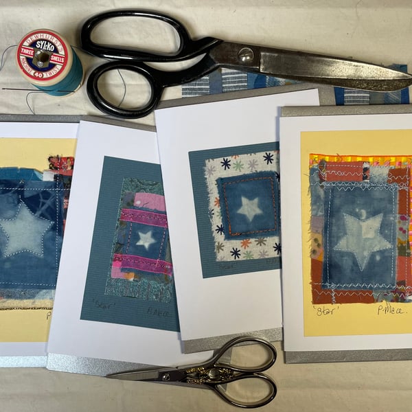 Handcrafted sewn & dyed textile star greeting cards. Cards are NOT PRINTED