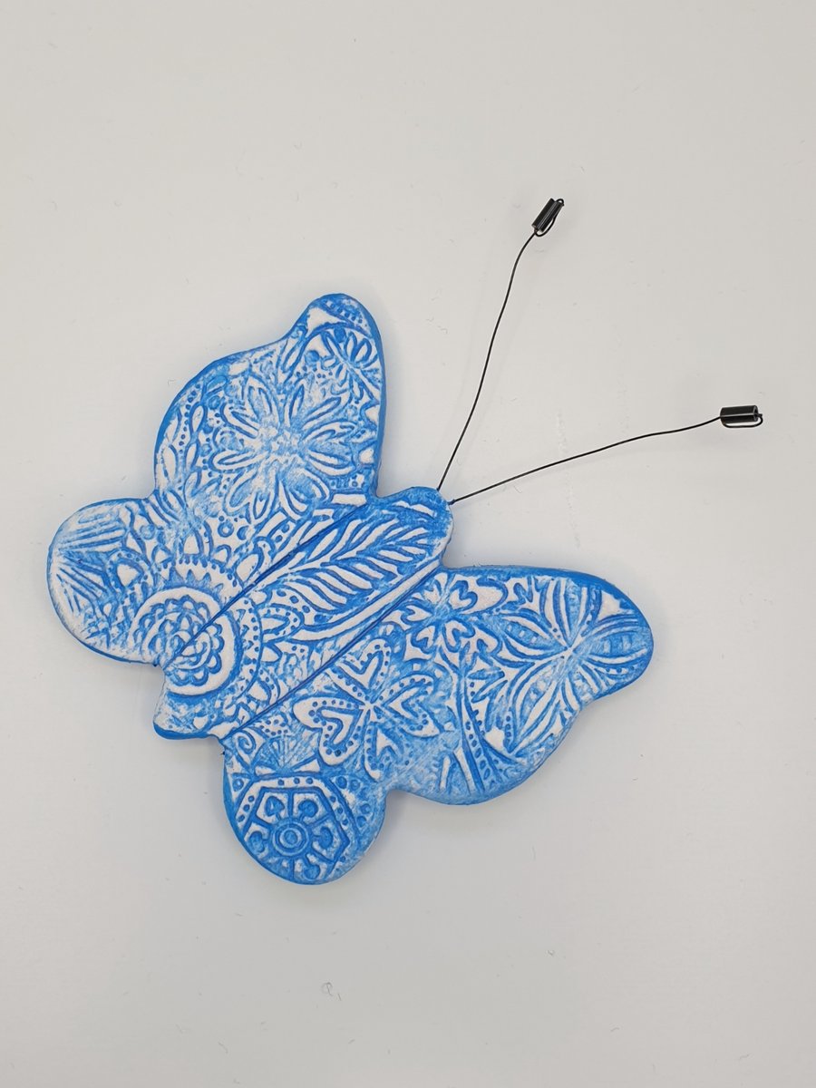 Clay butterfly fridge magnet, kitchen gift, sky blue and white