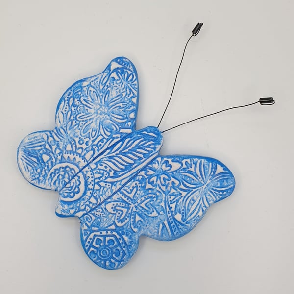 Clay butterfly fridge magnet, kitchen gift, sky blue and white