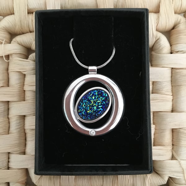 Resin Druzy Pendant with Glittering Blue Oval Centre