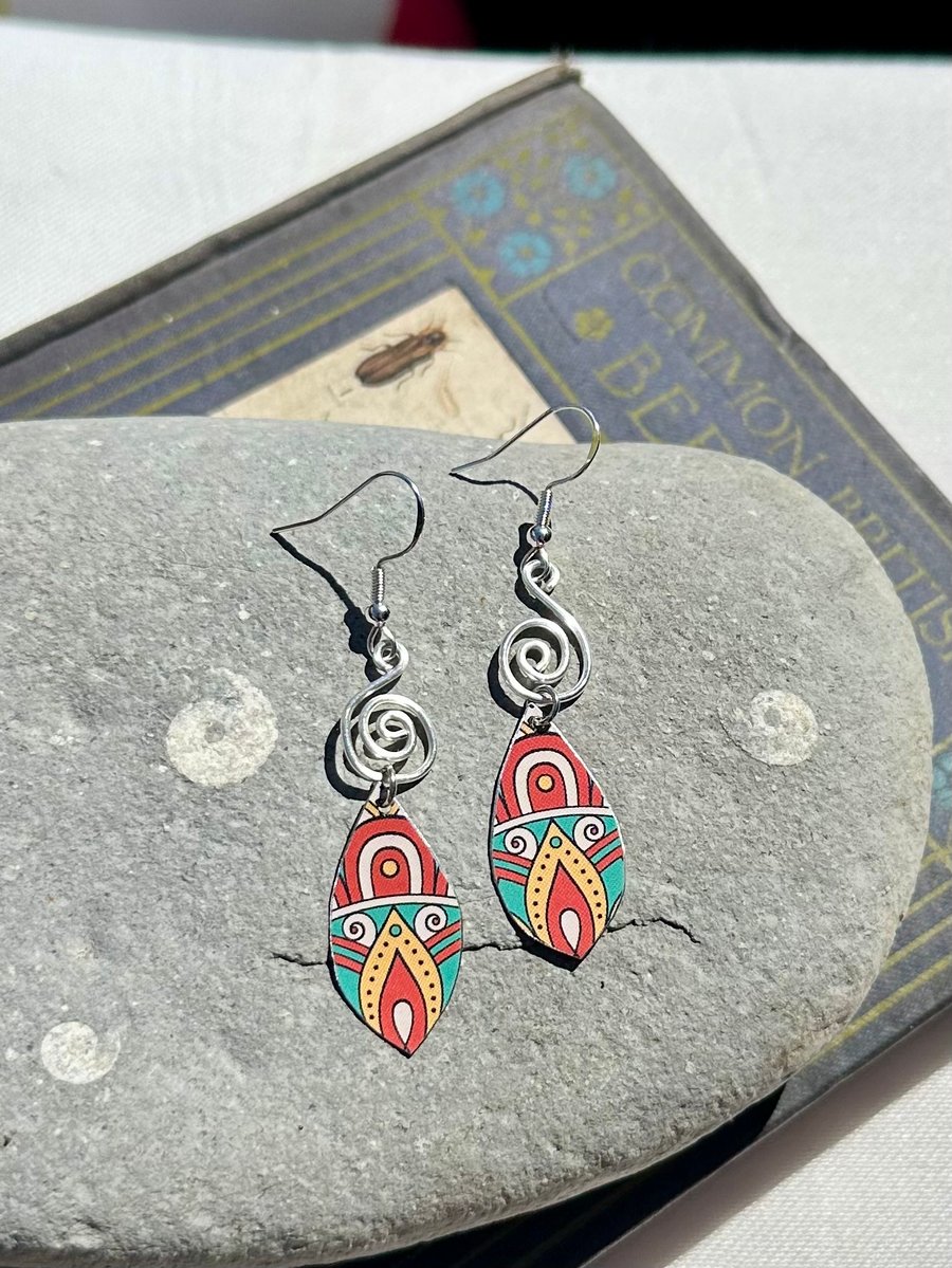 Mandala style recycled tin and silver earrings 