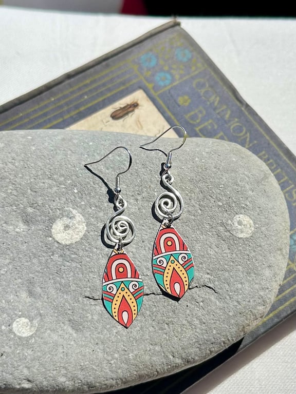 Mandala style recycled tin and silver earrings 