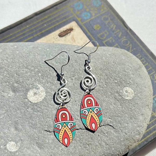 Mandala style recycled tin and silver earrings 