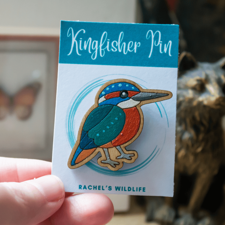 Hand-Painted Wooden Kingfisher Pin – Bird Lover Gift