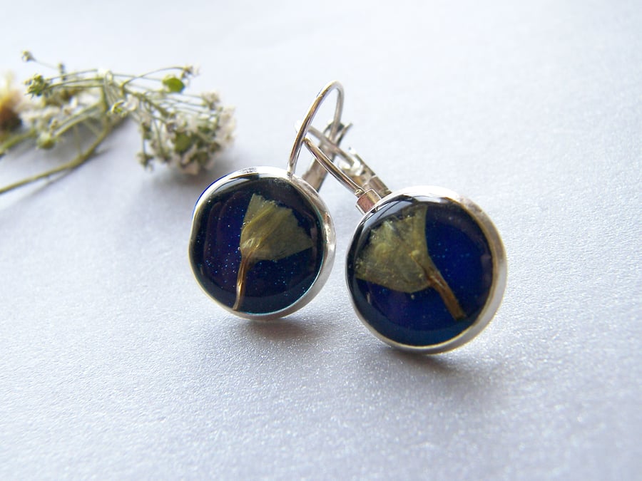 Pressed Flower Earrings in Blue Eco Resin 