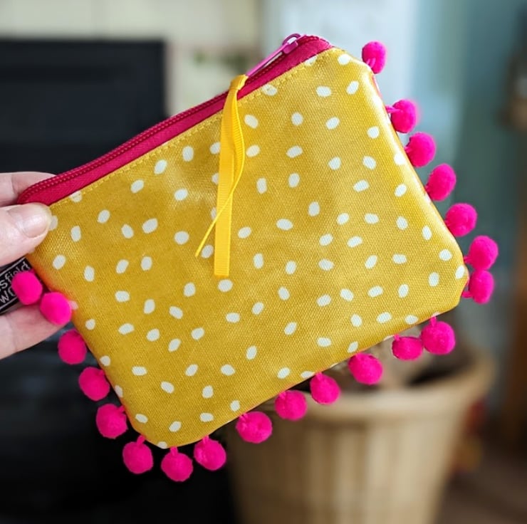 Mustard Oilcloth and Vibrant Pink Pom pom Pouch. Folksy